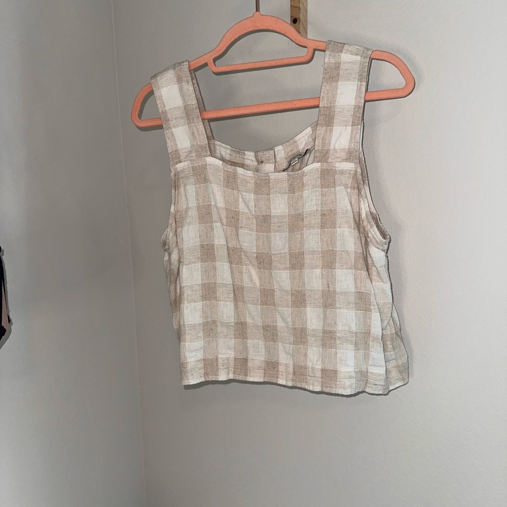 Madewell Checkered Cream and Tan Linen Tank Top